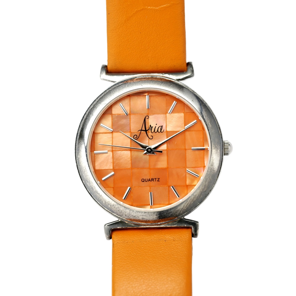 Aria 925 Sterling Silver Case Genuine Leather Orange Quartz Wrist Watch 34mm